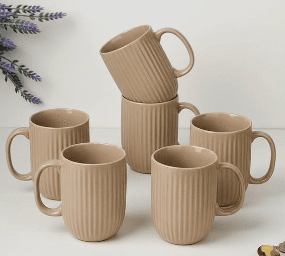 Set of 6 Ribbed Ceramic Coffee Mugs – Beige