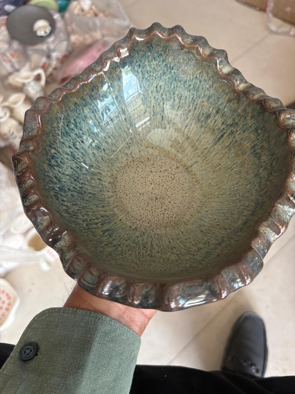 Glazed Ceramic Bowl with Textured Rim