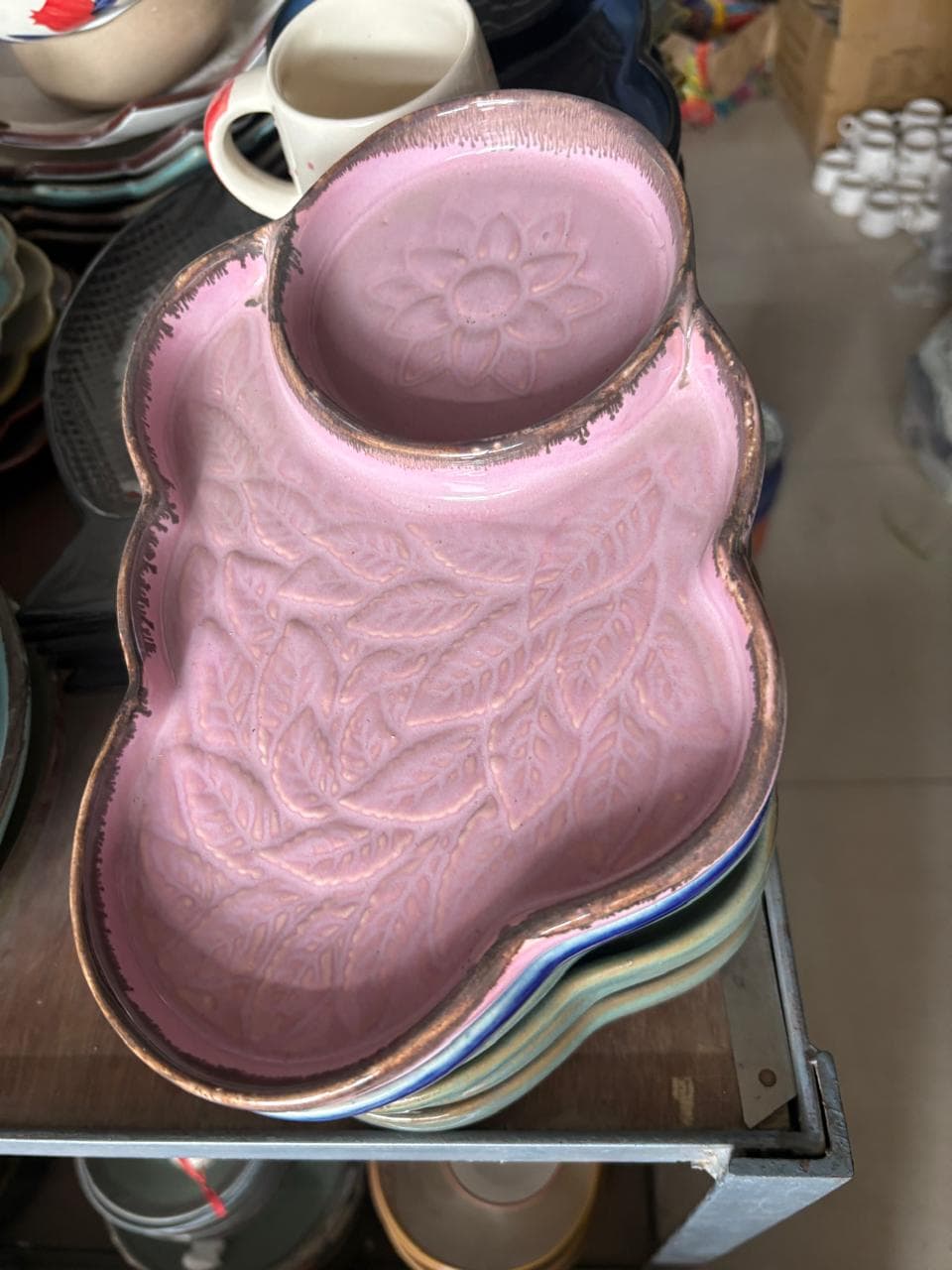 Floral Embossed Ceramic Serving Plate with Dip Bowl