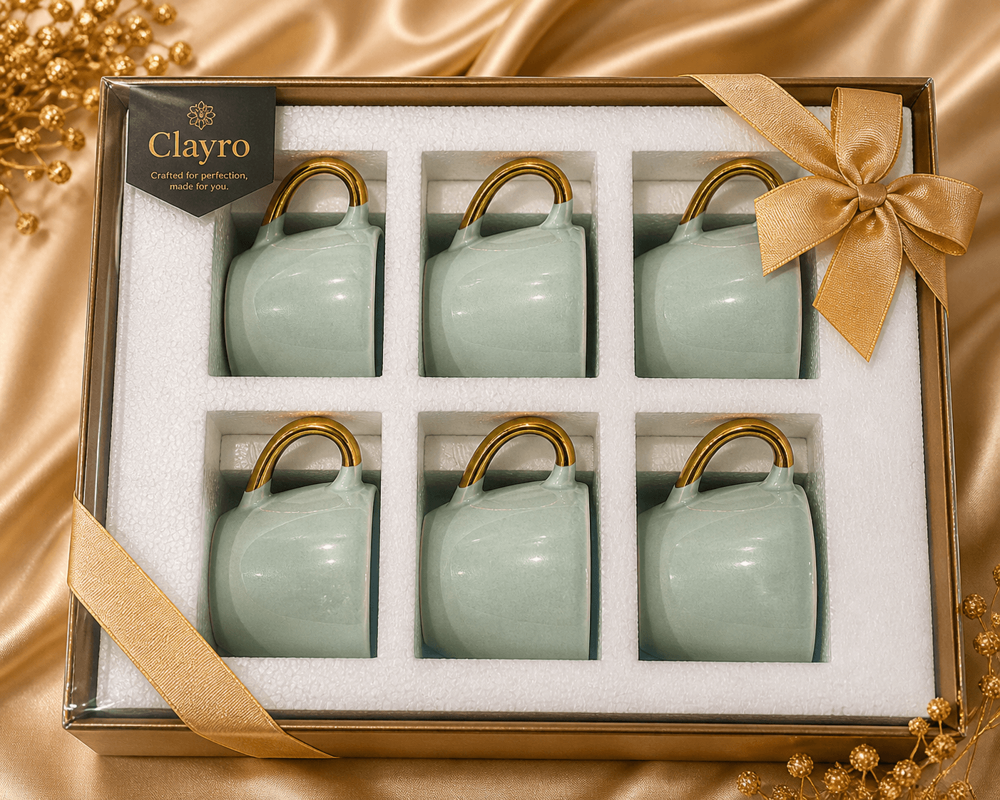 Clayro Mint Luxe Ceramic Mug Gift Set (6-Piece)