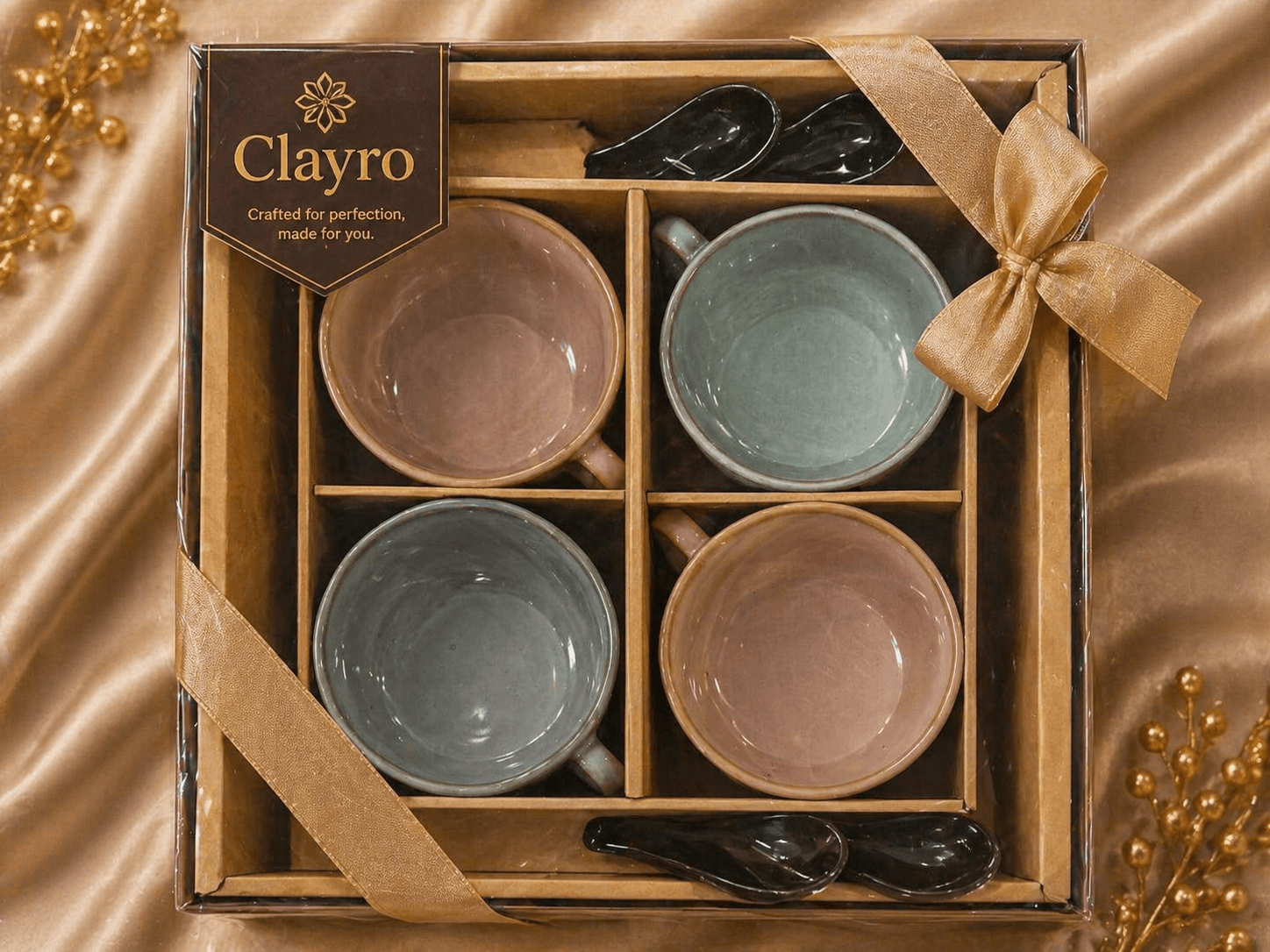 Clayro Dual-Tone Ceramic Mug & Spoon Gift Set (4-Piece)