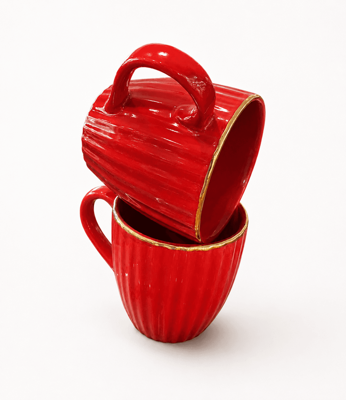 Red Ceramic Coffee Mug Set with Gold Rim
