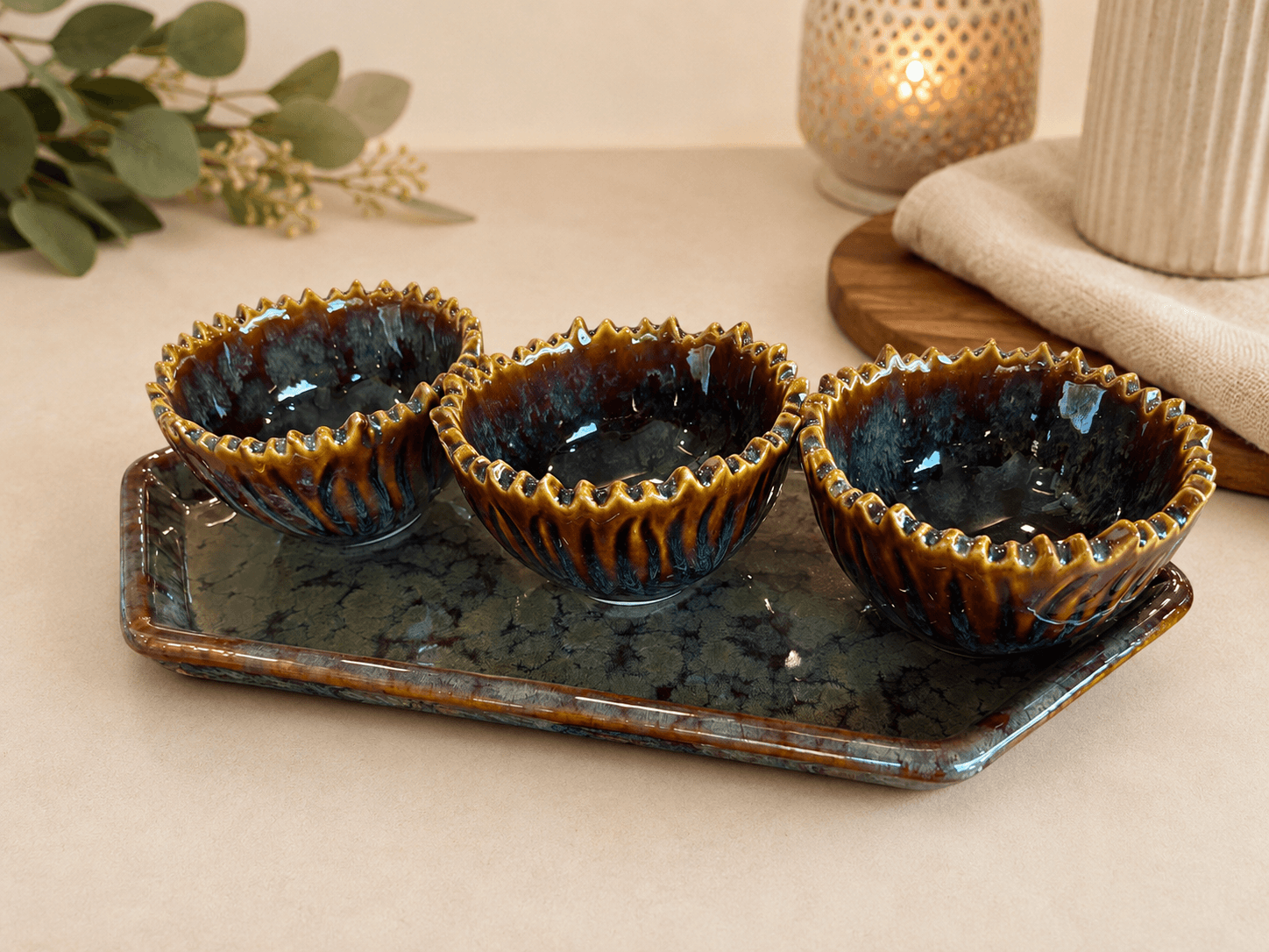 Artisan Ceramic Serving Bowl Set with Tray