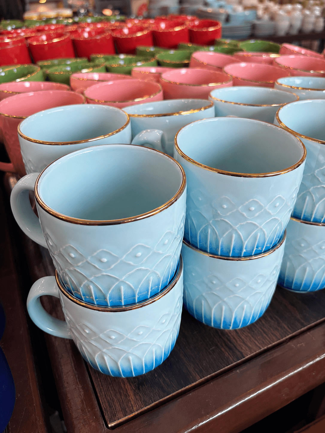 Blue Ceramic Coffee Mug Set with Gold Rim