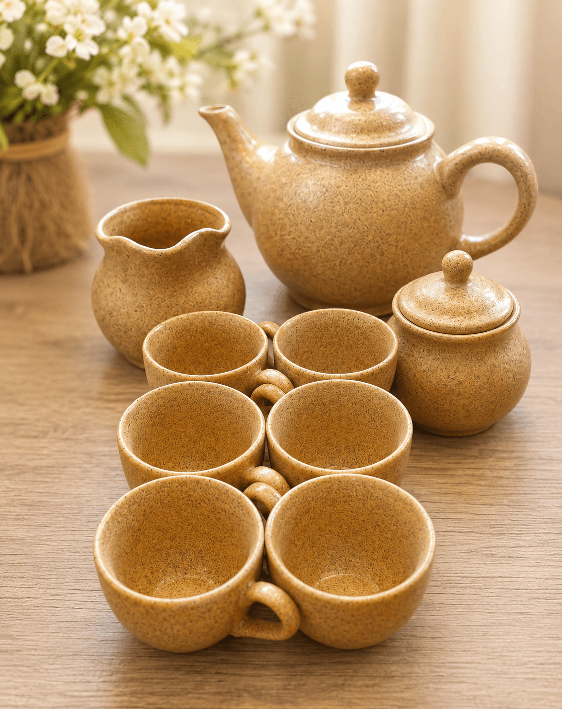 peckled Ceramic Tea Set – Beige Handmade Teapot & Cup Collection