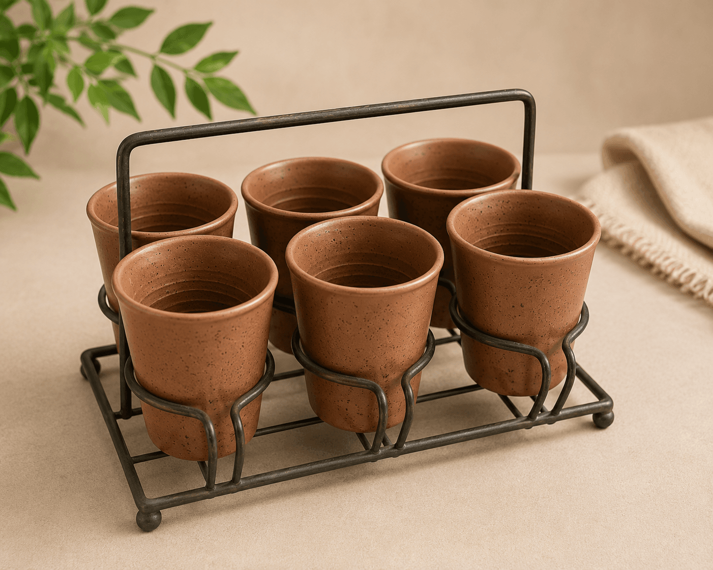 Terracotta Tea Cup Set with Metal Stand