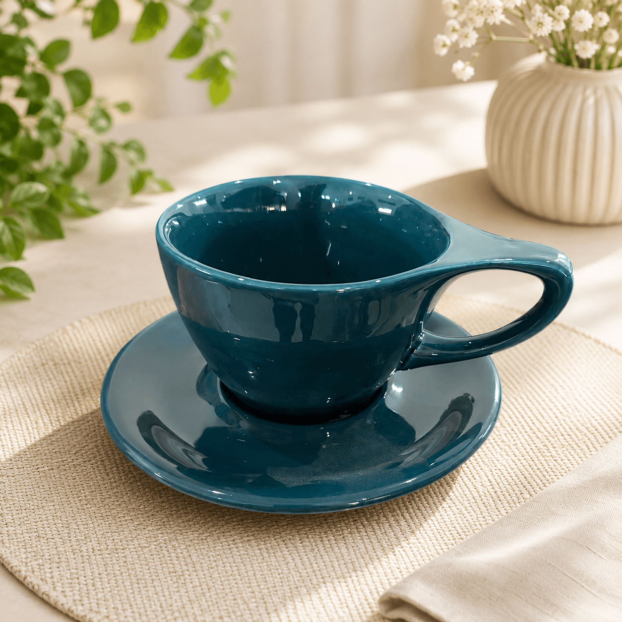 Glossy Teal Ceramic Tea Cup & Saucer Set