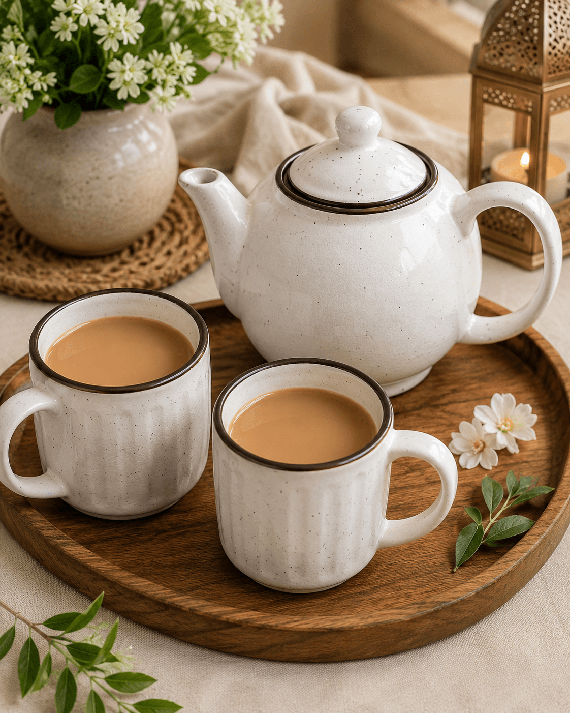 Speckled Ceramic Tea Set – White Teapot with Matching Tea Cups